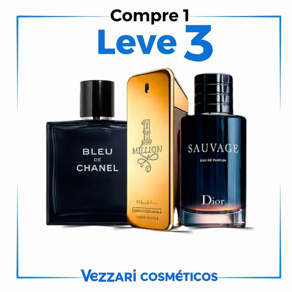 QUEIMA DE ESTOQUE - 3 Perfumes Masculinos Importados (100ml cada) - Sauvage Dior l Bleu de Chanel l 212 VIP Black )